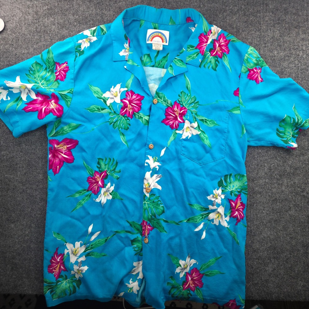 Paradise Found Hawaii Mens Large Blue Floral Rayon Aloha Camp Shirt Tropical L